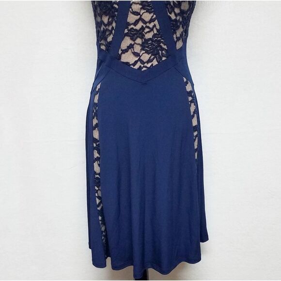 VINTAGE Candalate Navy Blue Lace Contrast Nude Sleeveless Fit & Flare Dress S - Picture 4 of 9